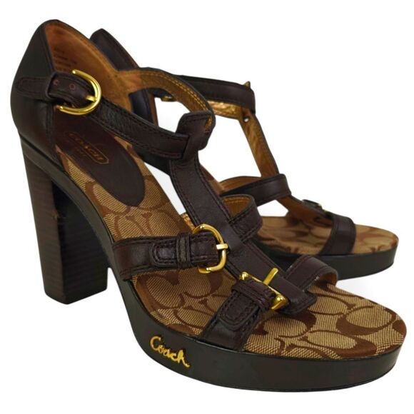 Coach Brown Genuine Leather and Gold Details Heels Luxurious Style Size 10B - Picture 1 of 7